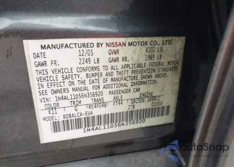 2006 Nissan Altima 2.5 S из США, поврежденный, VIN 1N4AL11D56N356920